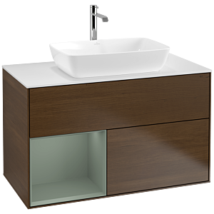 Villeroy und Boch Finion Waschtischunterschrank F771GMGN 100cm, Abdeckplatte white matt, Regale Olive matt lacquer, Walnut veneer