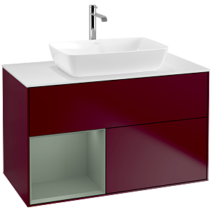 Villeroy und Boch Finion Waschtischunterschrank F771GMHB 100cm, Abdeckplatte white matt, Regale Olive matt lacquer, Peony Matt