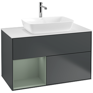 Villeroy und Boch Finion Waschtischunterschrank F771GMHG 100cm, Abdeckplatte white matt, Regale Olive matt lacquer, Midnight Blue Matt Lacquer