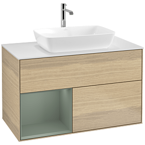 Villeroy et Boch Finion Villeroy et Boch F771GMPC 100cm, plaque de recouvrement blanc mat, étagères laqué olive mat, Oak Veneer