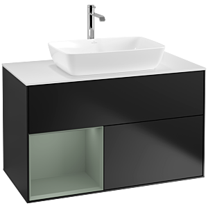 Villeroy et Boch Finion Villeroy et Boch F771GMPD 100cm, plaque de recouvrement blanc mat, étagères laqué olive mat, laqué noir mat