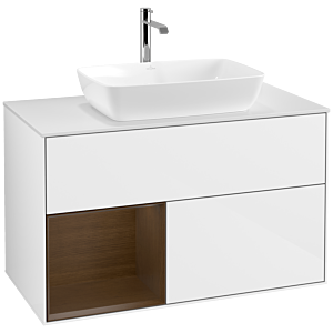 Villeroy und Boch Finion Waschtischunterschrank F771GNGF 100cm, Abdeckplatte white matt, Regale Walnut Veneer, Glossy white lacquer