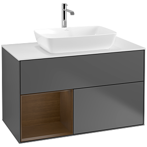 Villeroy und Boch Finion Waschtischunterschrank F771GNGK 100cm, Abdeckplatte white matt, Regale Walnut Veneer, Anthracite matt