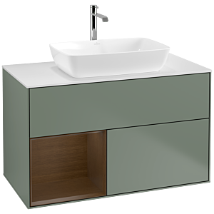 Villeroy und Boch Finion Waschtischunterschrank F771GNGM 100cm, Abdeckplatte white matt, Regale Walnut Veneer, Olive Matt Lacquer