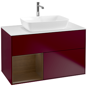 Villeroy und Boch Finion Waschtischunterschrank F771GNHB 100cm, Abdeckplatte white matt, Regale Walnut Veneer, Peony Matt