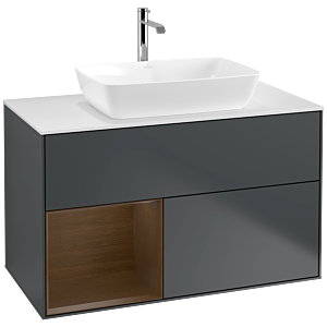 Villeroy und Boch Finion Waschtischunterschrank F771GNHG 100cm, Abdeckplatte white matt, Regale Walnut Veneer, Midnight Blue Matt Lacquer