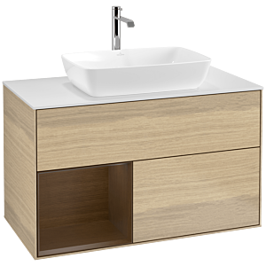 Villeroy und Boch Finion Waschtischunterschrank F771GNPC 100cm, Abdeckplatte white matt, Regale Walnut Veneer, Oak Veneer