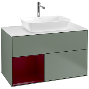 Villeroy und Boch Finion Waschtischunterschrank F771HBGM 100cm, Abdeckplatte white matt, Regale Peony matt lacquer, Olive Matt Lacquer