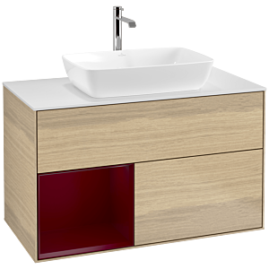 Villeroy und Boch Finion Waschtischunterschrank F771HBPC 100cm, Abdeckplatte white matt, Regale Peony matt lacquer, Oak Veneer