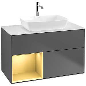 Villeroy et Boch Finion Villeroy et Boch F771HFGK 100cm, plaque de recouvrement blanc mat, étagères laqué or mat, anthracite mat