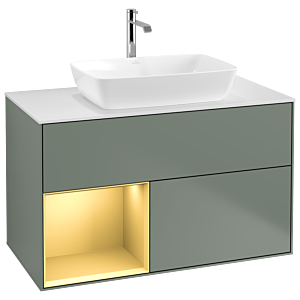 Villeroy und Boch Finion Waschtischunterschrank F771HFGM 100cm, Abdeckplatte white matt, Regale Gold matt lacquer, Olive Matt Lacquer
