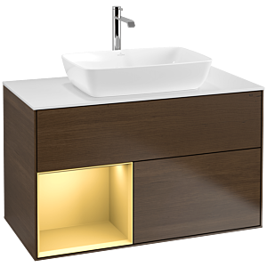 Villeroy und Boch Finion Waschtischunterschrank F771HFGN 100cm, Abdeckplatte white matt, Regale Gold matt lacquer, Walnut veneer