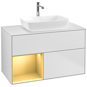 Villeroy et Boch Finion Villeroy et Boch F771HFMT 100cm, plaque de recouvrement blanc mat, étagères laqué or mat, laqué blanc mat