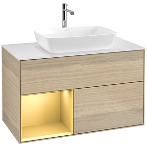 Villeroy und Boch Finion Waschtischunterschrank F771HFPC 100cm, Abdeckplatte white matt, Regale Gold matt lacquer, Oak Veneer