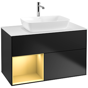 Villeroy und Boch Finion Waschtischunterschrank F771HFPD 100cm, Abdeckplatte white matt, Regale Gold matt lacquer, Black matt lacquer