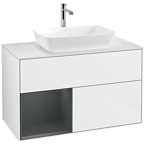 Villeroy et Boch Finion Villeroy et Boch F771HGGF 100cm, plaque de finition blanc mat, étagères laqué mat minuit, laqué blanc brillant