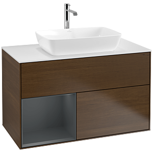 Villeroy und Boch Finion Waschtischunterschrank F771HGGN 100cm, Abdeckplatte white matt, Regale Midnight matt lacquer, Walnut veneer