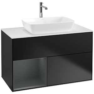 Villeroy und Boch Finion Waschtischunterschrank F771HGPD 100cm, Abdeckplatte white matt, Regale Midnight matt lacquer, Black matt lacquer