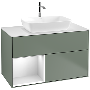 Villeroy und Boch Finion Waschtischunterschrank F771MTGM 100cm, Abdeckplatte white matt, Regale White matt lacquer, Olive Matt Lacquer