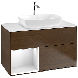Villeroy und Boch Finion Waschtischunterschrank F771MTGN 100cm, Abdeckplatte white matt, Regale White matt lacquer, Walnut veneer