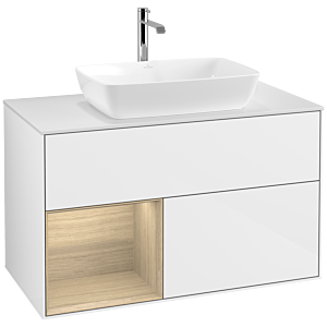 Villeroy und Boch Finion Waschtischunterschrank F771PCGF 100cm, Abdeckplatte white matt, Regale Oak Veneer, Glossy white lacquer
