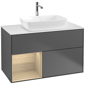 Villeroy und Boch Finion Waschtischunterschrank F771PCGK 100cm, Abdeckplatte white matt, Regale Oak Veneer, Anthracite matt