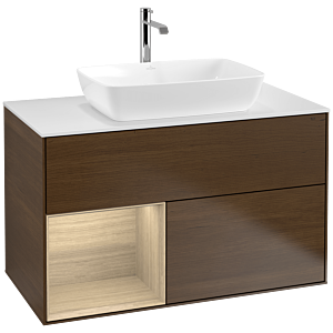 Villeroy und Boch Finion Waschtischunterschrank F771PCGN 100cm, Abdeckplatte white matt, Regale Oak Veneer, Walnut veneer