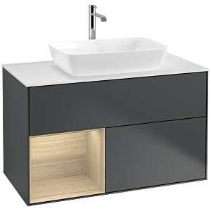 Villeroy und Boch Finion Waschtischunterschrank F771PCHG 100cm, Abdeckplatte white matt, Regale Oak Veneer, Midnight Blue Matt Lacquer