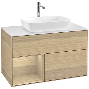 Villeroy und Boch Finion Waschtischunterschrank F771PCPC 100cm, Abdeckplatte white matt, Regale Oak Veneer, Oak Veneer