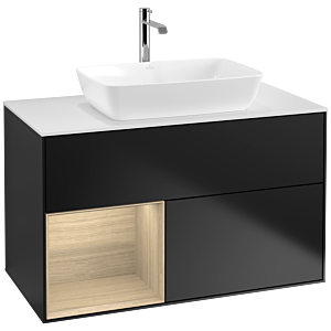 Villeroy und Boch Finion Waschtischunterschrank F771PCPD 100cm, Abdeckplatte white matt, Regale Oak Veneer, Black matt lacquer