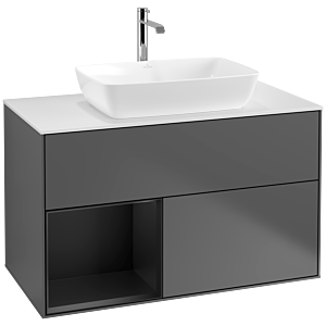 Villeroy und Boch Finion Waschtischunterschrank F771PDGK 100cm, Abdeckplatte white matt, Regale Black matt lacquer, Anthracite matt