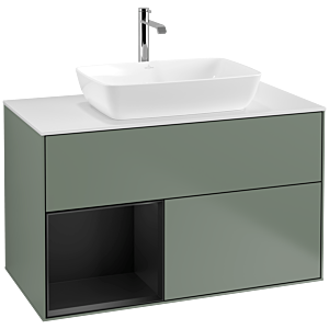 Villeroy und Boch Finion Waschtischunterschrank F771PDGM 100cm, Abdeckplatte white matt, Regale Black matt lacquer, Olive Matt Lacquer