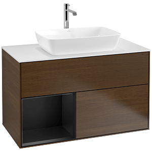 Villeroy und Boch Finion Waschtischunterschrank F771PDGN 100cm, Abdeckplatte white matt, Regale Black matt lacquer, Walnut veneer