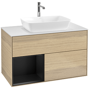 Villeroy und Boch Finion Waschtischunterschrank F771PDPC 100cm, Abdeckplatte white matt, Regale Black matt lacquer, Oak Veneer