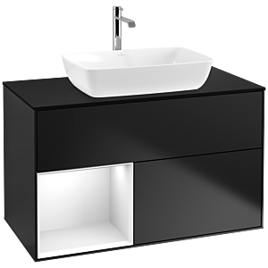 Villeroy und Boch Finion Waschtischunterschrank F772GFPD 100cm, Abdeckplatte black matt, Regale Glossy white lacquer, Black matt lacquer