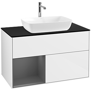 Villeroy und Boch Finion Waschtischunterschrank F772GKGF 100cm, Abdeckplatte black matt, Regale Anthracite matt lacquer, Glossy white lacquer
