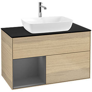 Villeroy und Boch Finion Waschtischunterschrank F772GKPC 100cm, Abdeckplatte black matt, Regale Anthracite matt lacquer, Oak Veneer
