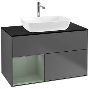 Villeroy und Boch Finion Waschtischunterschrank F772GMGK 100cm, Abdeckplatte black matt, Regale Olive matt lacquer, Anthracite matt