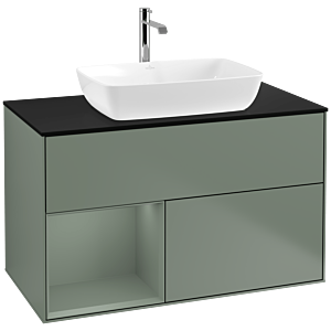 Villeroy und Boch Finion Waschtischunterschrank F772GMGM 100cm, Abdeckplatte black matt, Regale Olive matt lacquer, Olive Matt Lacquer