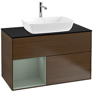 Villeroy und Boch Finion Waschtischunterschrank F772GMGN 100cm, Abdeckplatte black matt, Regale Olive matt lacquer, Walnut veneer