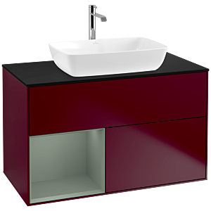 Villeroy und Boch Finion Waschtischunterschrank F772GMHB 100cm, Abdeckplatte black matt, Regale Olive matt lacquer, Peony Matt