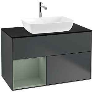Villeroy und Boch Finion Waschtischunterschrank F772GMHG 100cm, Abdeckplatte black matt, Regale Olive matt lacquer, Midnight Blue Matt Lacquer