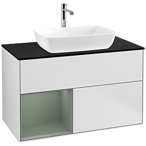 Villeroy und Boch Finion Waschtischunterschrank F772GMMT 100cm, Abdeckplatte black matt, Regale Olive matt lacquer, White matt lacquer