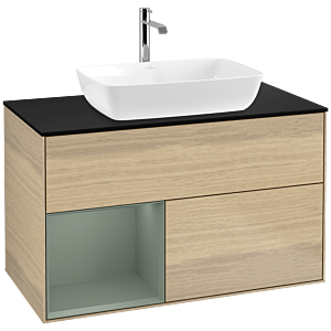 Villeroy und Boch Finion Waschtischunterschrank F772GMPC 100cm, Abdeckplatte black matt, Regale Olive matt lacquer, Oak Veneer