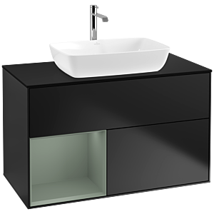 Villeroy und Boch Finion Waschtischunterschrank F772GMPD 100cm, Abdeckplatte black matt, Regale Olive matt lacquer, Black matt lacquer