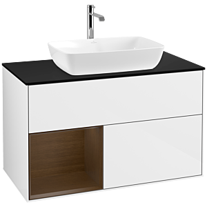 Villeroy und Boch Finion Waschtischunterschrank F772GNGF 100cm, Abdeckplatte black matt, Regale Walnut Veneer, Glossy white lacquer