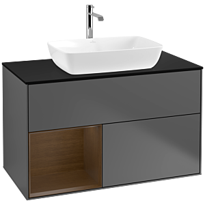 Villeroy und Boch Finion Waschtischunterschrank F772GNGK 100cm, Abdeckplatte black matt, Regale Walnut Veneer, Anthracite matt