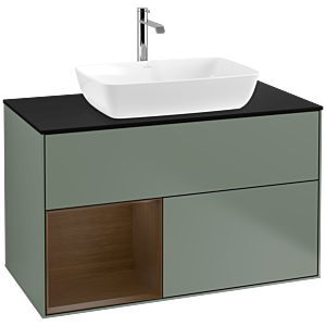 Villeroy und Boch Finion Waschtischunterschrank F772GNGM 100cm, Abdeckplatte black matt, Regale Walnut Veneer, Olive Matt Lacquer