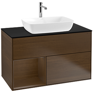 Villeroy und Boch Finion Waschtischunterschrank F772GNGN 100cm, Abdeckplatte black matt, Regale Walnut Veneer, Walnut veneer