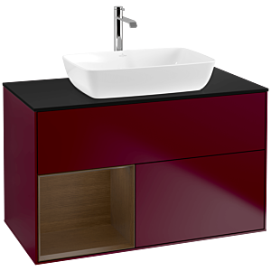 Villeroy und Boch Finion Waschtischunterschrank F772GNHB 100cm, Abdeckplatte black matt, Regale Walnut Veneer, Peony Matt